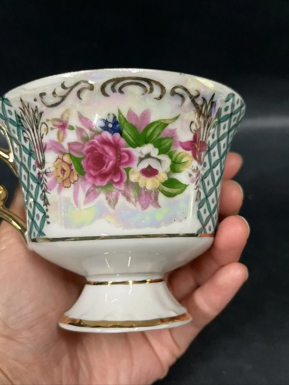 VTG L M Royal Halsey Very Fine Teacup & Saucer Floral Pink Green Gold Iridescent